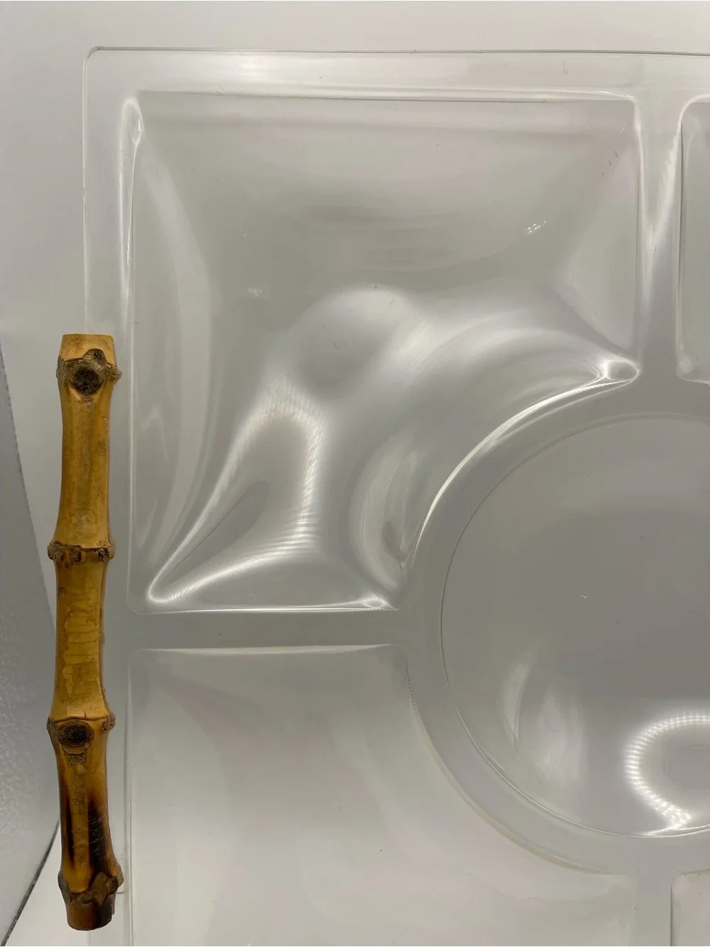 Vintage MCM Lucite Acrylic Sectioned Serveware Platter with Bamboo Handles